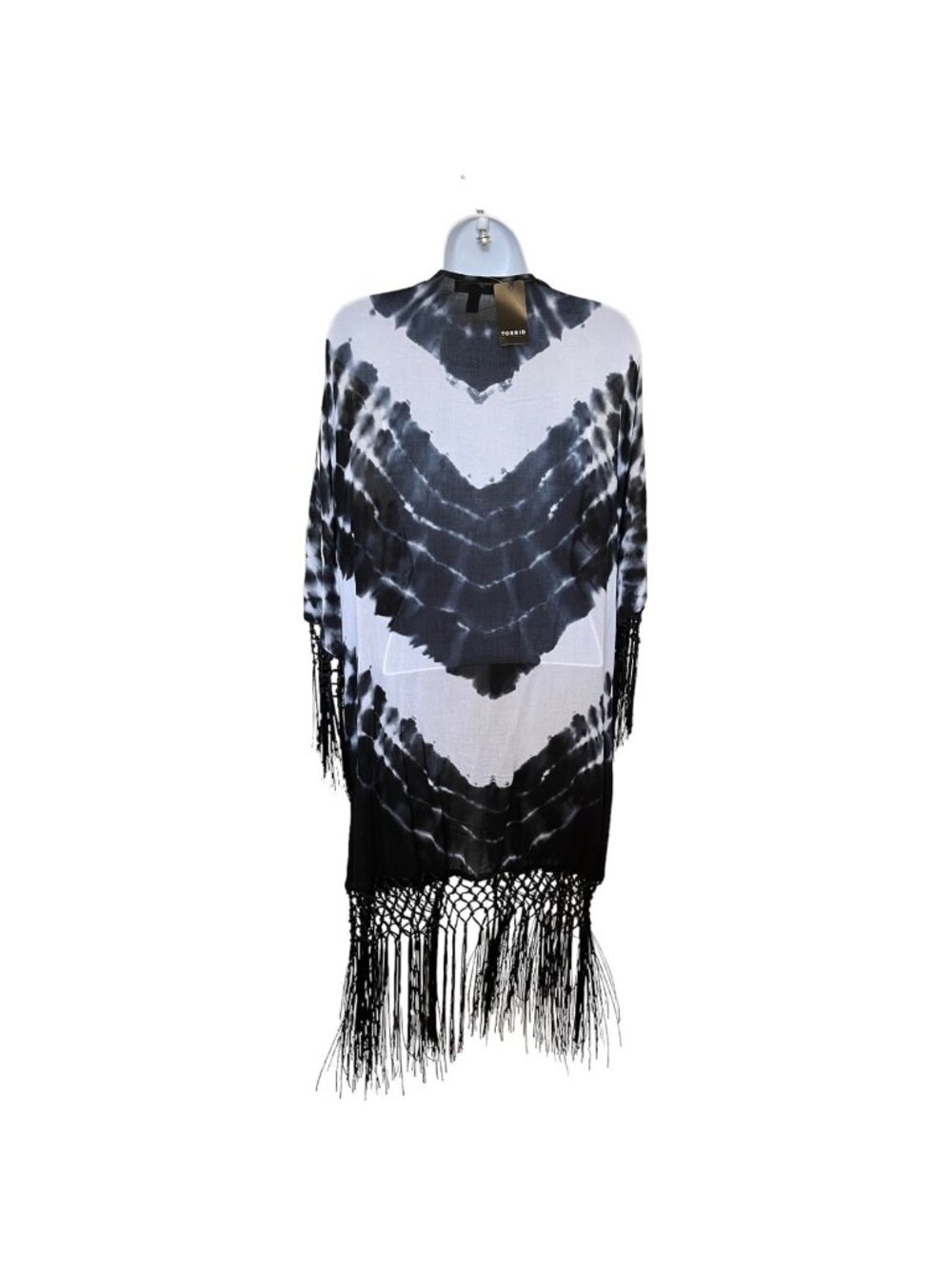 Torrid Womens Black White Tie Dye Fringe Kimono Size 1/2 - Picture 5 of 15